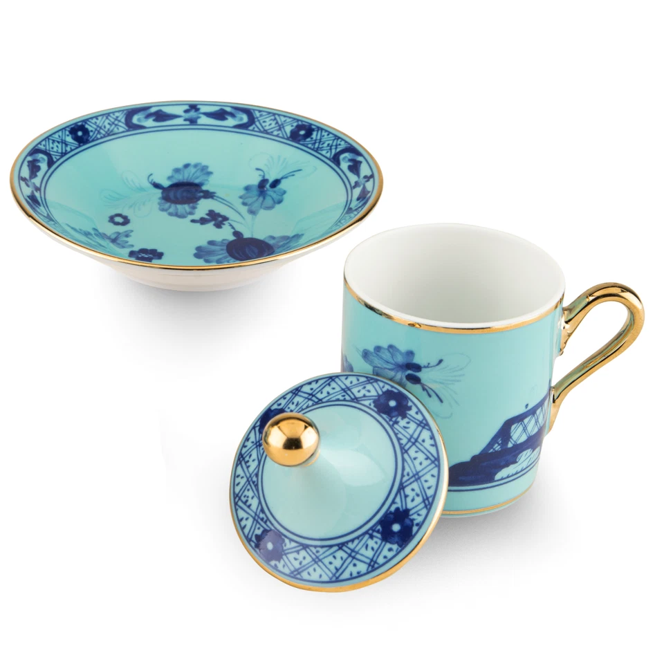 JUEGO DE CAFÉ GINORI 1735 ESTILO IMPERIO TAZA Y PLATILLO PORCELANA ORO AZUL 2,82 OZ NUEVO Foto 2 de 4