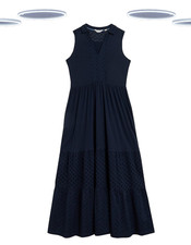 Ex White Stuff Women's Midi Dress - Kaira Tiered Broderie Sleeveless Jersey Navy