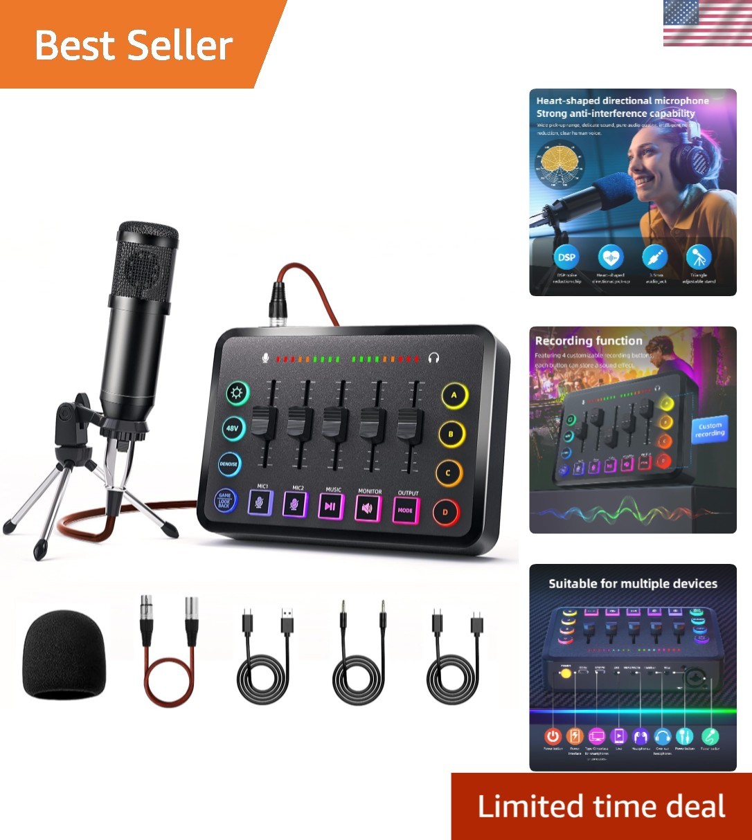 Kit podcast réduction de bruit active et carte son mixage USB
