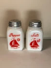 Vtg McKee Sailboat Salt & Pepper Shakers Milk Glass Tipp City Roman Arch 30s