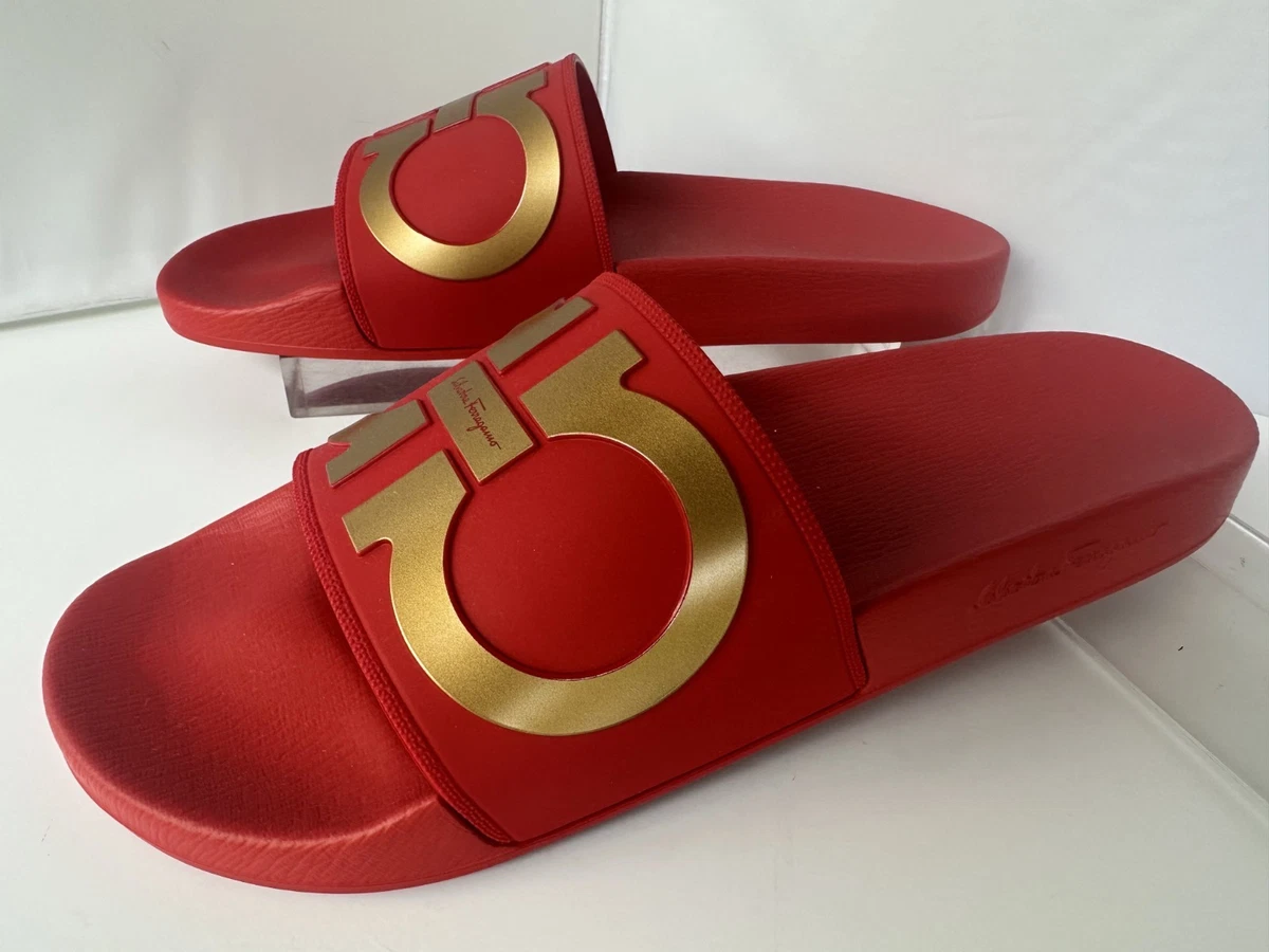 NIB FERRAGAMO GROOVE 16 ROUGE RED BLACK RUBBER GANCINI LOGO SANDALS SLIDES 13 M Ferragamo Groovy Dual Gancini Slides – Lord & Taylor main image 3
