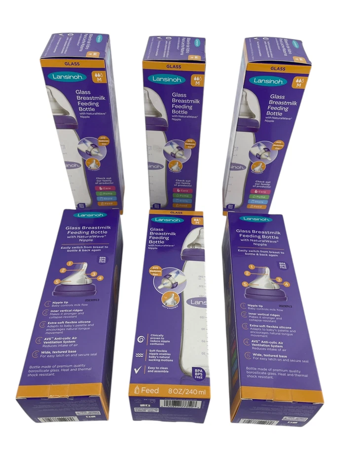 Box of 6 Lansinoh Glass Breastmilk Baby Bottle 240ml 8OZ Medium flow - Image 2 of 4