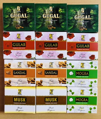 12 BOX- 120 cones Mix of Gugal Gulab Mogra Sandal Musk DHOOP INCENSE CONES F/S