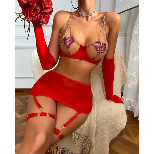 5teiliges Strapse Set schwarz BH und Slip Strapshaltern Handschuhe sexy Dessous - Bild 7 von 13