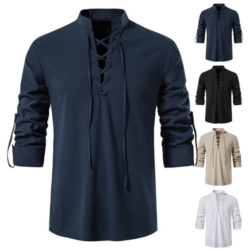 Renaissance Men Knight Medieval Viking Pirate Costume Lace Up Tops Cosplay Shirt - Picture 4 of 13