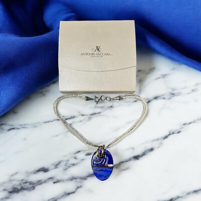 Antonio Vaccari Murano Blown Glass Blue Drop Pendant Necklace Pearl Silvertone