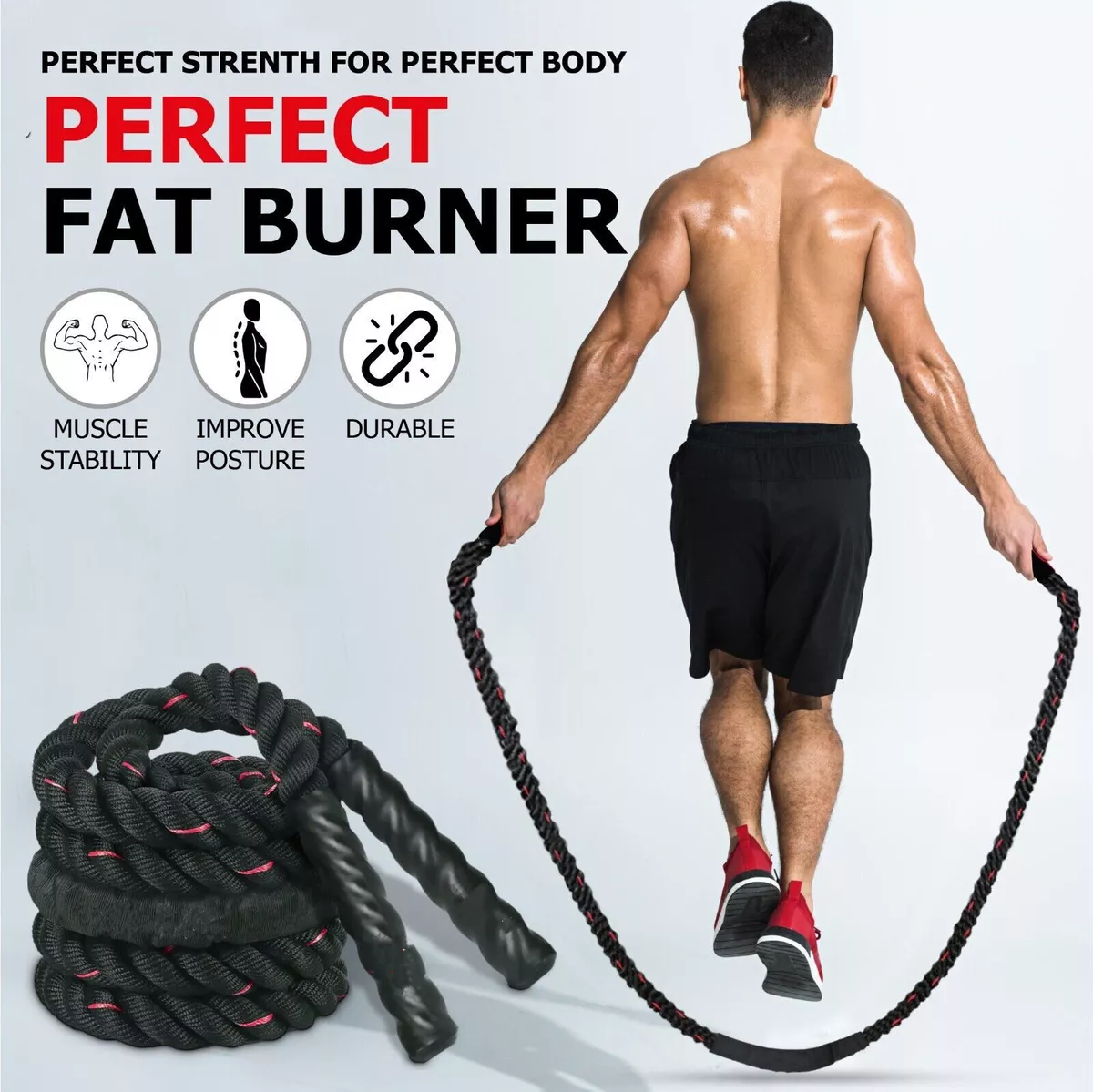 Heavy Weighted Jump Rope Skipping Rope Workout Battle Ropes 3 LB x 9.8ft  Fitness