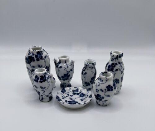 1:12 Scale Miniature Floral Plates, Vases - Dollhouse Furniture, Blue and White