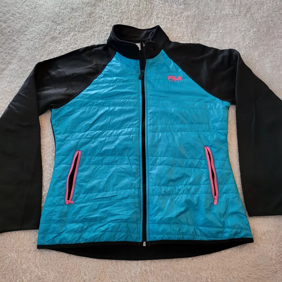 Vintage Fila Sport Quilted Zip Coat Size L Retro Outerwear Women Blue Pink Black
