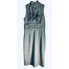Adriana Papell Midi Dress Size 6 Gray Mock Neck Sleeveless Ruffles Sheath Pleats