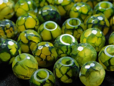 10 Pc Natural Juniper Green Agate Patterned Big Hole European Faceted Ball Bead