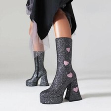 Shiny Women's Round Toe Mid Calf Boots Platform Shoes Chunky Heel Zip Fashion