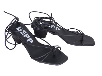 DEPP schwarze Riemchensandalen UK 6 Blockabsatz Schnürung eckige Zehenpartie Made in Spain
