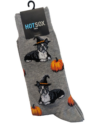 Hot Sox ~ Men's Single Pair Crew Socks Halloween ''Boston Terrier'' ~ Gray 10-13
