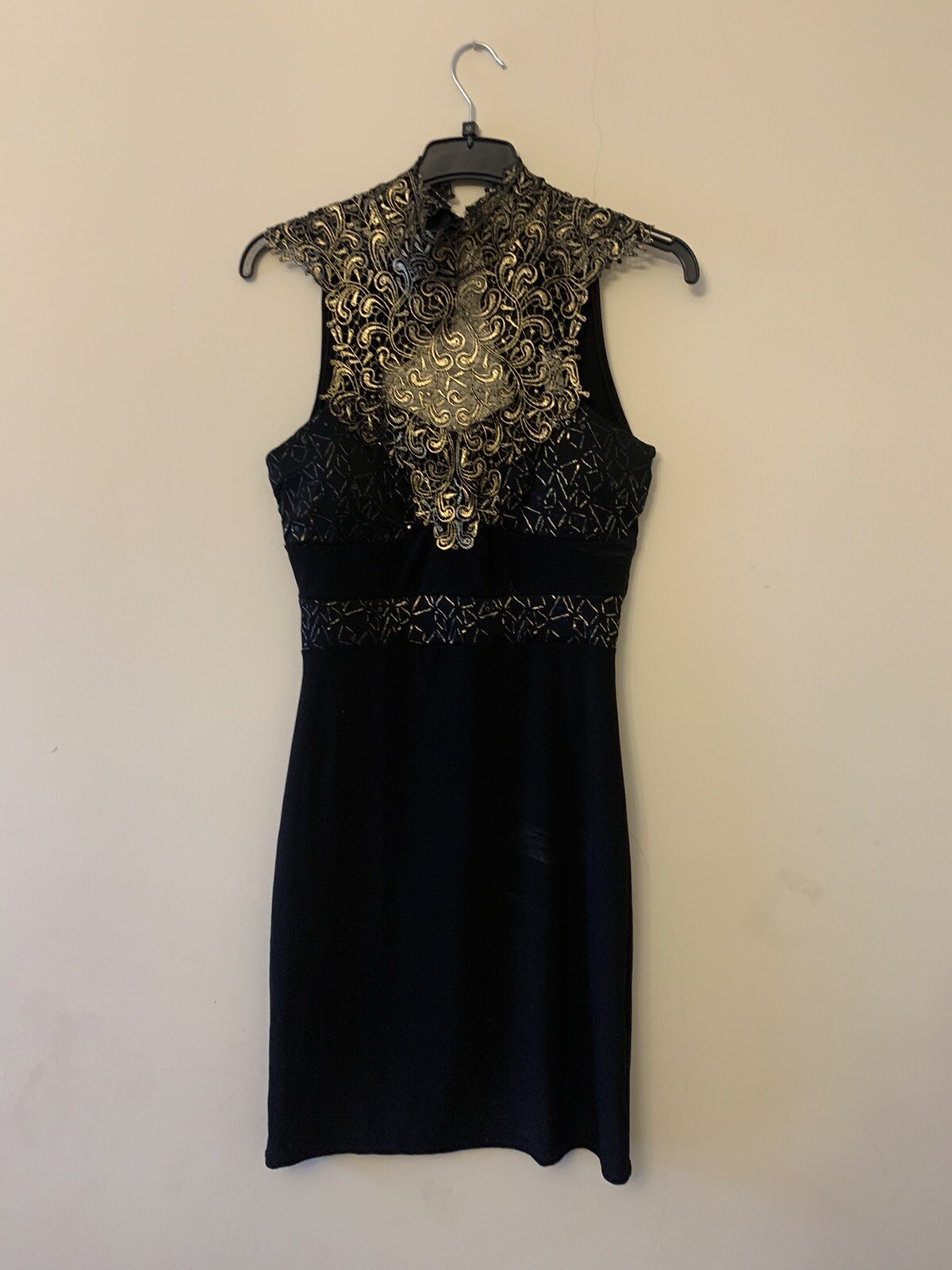 Stunning Little Black cocktail dress w/ Gold Brocade, size 10, Satin Ribbon, LBD-image