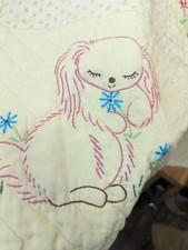Vintage Yellow Child Baby Quilt Embroidered Needlework Animals Handmade