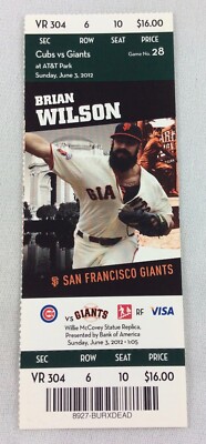 MLB 2012 06/03 Chicago Cubs at SF Giants Full Ticket-Barry Zito WP