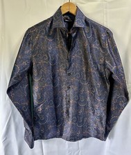 BARRY WANG SILK PAISLEY SHIRT Size S Men's Long Sleeve Blue Orange Metallic NWT