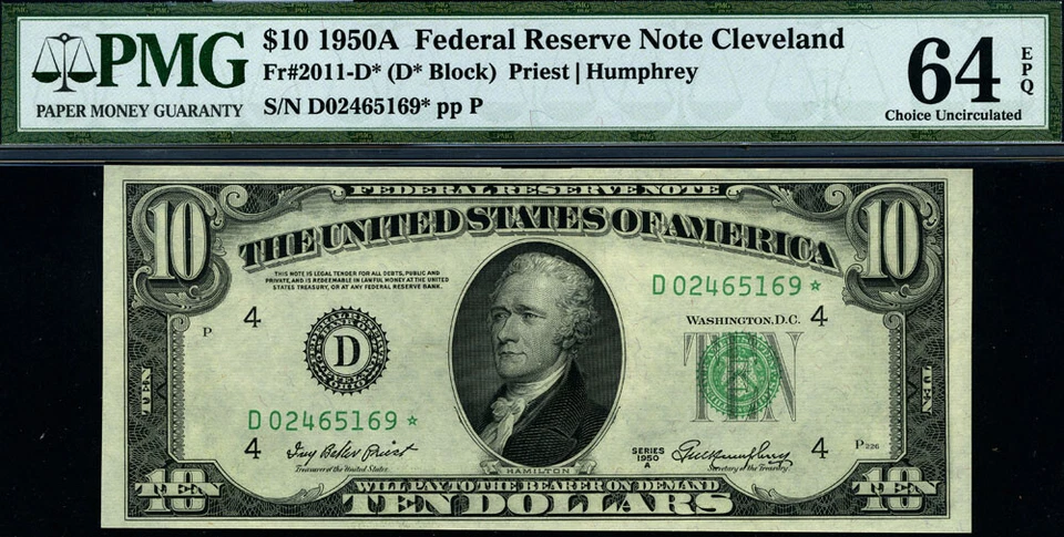 FR. 2011 D* $10 1950-A Federal Reserve Note Cleveland D-* Block Choice PMG CU64 - Image 2 of 3