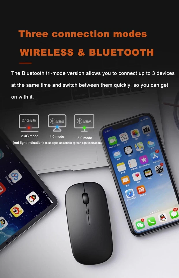 2.4GHz Bluetooth Wireless Optical Mouse USB Rechargeable RGB Mice for PC Laptop - Image 4 of 4