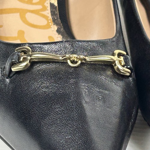 Black Leather Horsebit Pumps Sz 7.5 Sam Edelman Pointed Kitten 1.5” Heel Women’s - Picture 9 of 13