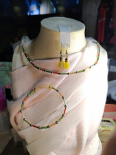 Multicolor Glass Beaded Round Necklace Bracelet  Drop Earrings Jewelry Set