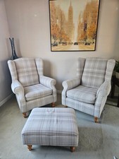 2 NEXT Sherlock Armchairs and matching Footstool - beige check fabric