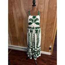Farm Rio Anthropologie Green Embroidered Patchwork Linen Midi Dress Rare M