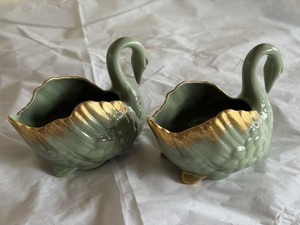 2 Vintage Lenox Celadon Green With Gold Swans May Be Rare