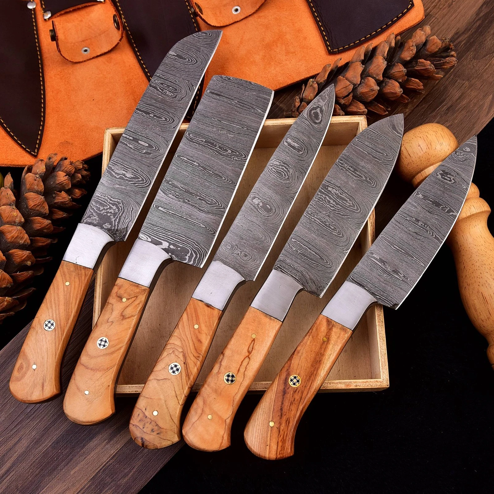 5pc Handmade Damascus Steel Chef Knife Set Cow Scale Handle Bolster