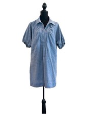 Anthropologie Blue Textured Cotton Mini Shift Dress Collared V-Neck Boho Retro M