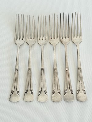 WMF Modell 34 Würfelmuster,  6x Jugendstil Dessertgabel Silberauflage