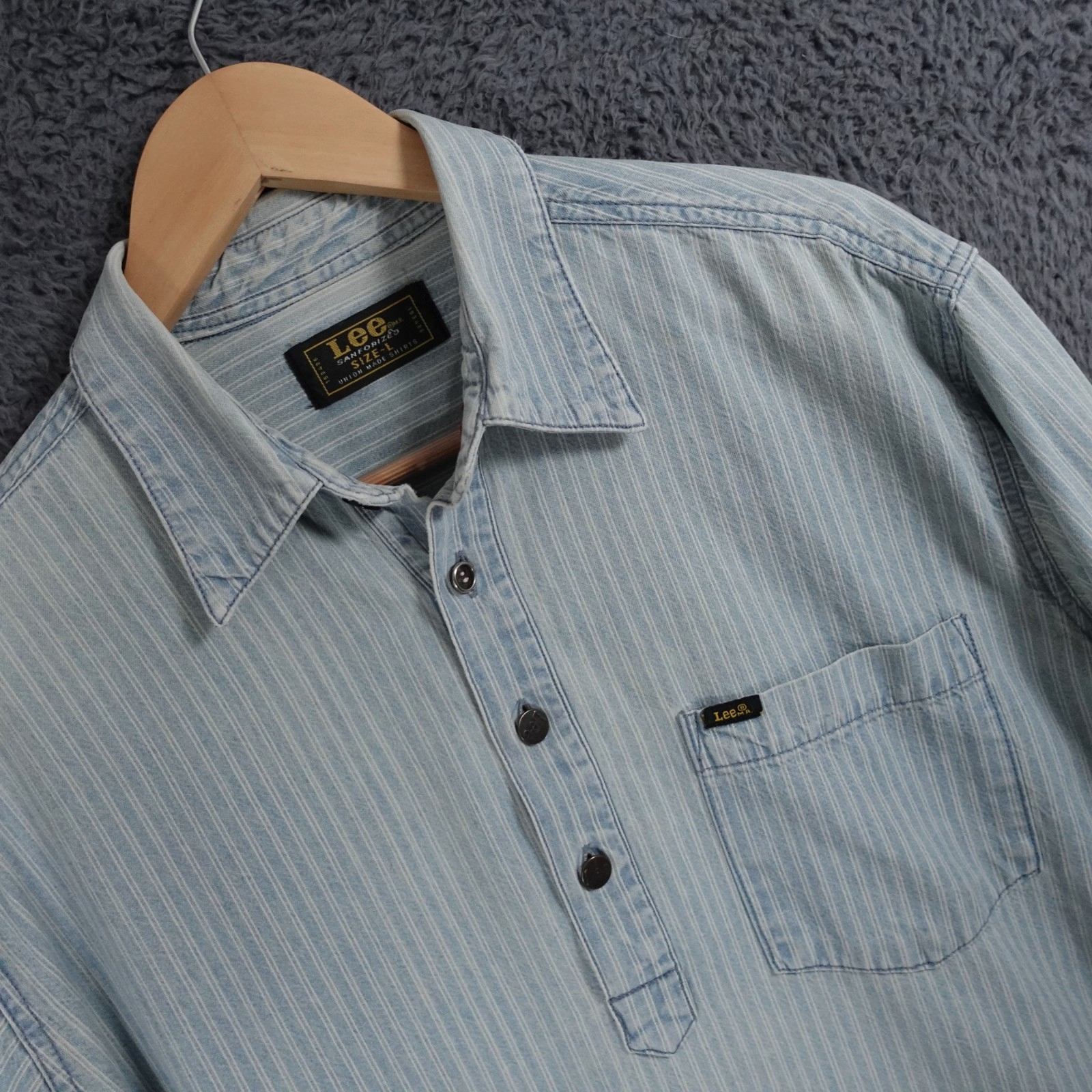 Vintage Lee Popover Shirt Men Large Blue Sanforized Union Chore Railroad Worker