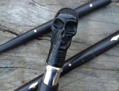 Handcrafted Black Skull Head Walking Stick – Brass Inlay Wood Skull Handle Cane - Image 3 of 4