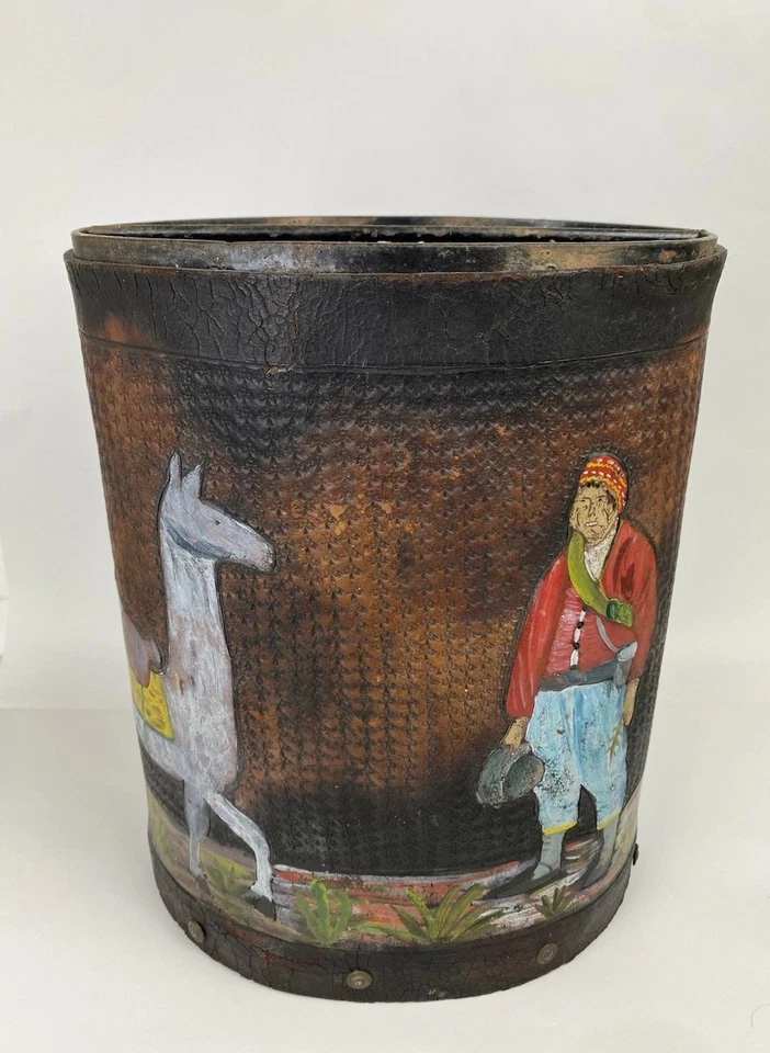 SOPORTE PARAGUAS DE CUERO PINTADO A MANO VINTAGE DE BOLIVIA Foto 3 de 4