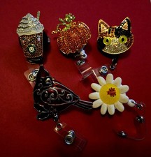 Set of 5 Badge Reel ID Holders Cat Pumpkin Bird Daisy Drink Retractable Clip-on