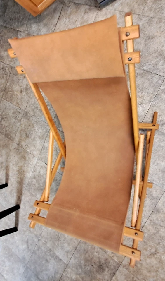 MCM Vintage Playa Cubierta Eslinga Silla Balancín Madera Lona Imitación Cuero Camel Plegable Foto 4 de 4