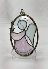 Stained Glass Angel with Candle Heavy Metal  Glass Mounted on Glass Frame 7.25"