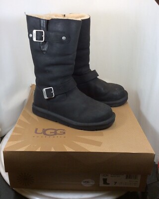 Genuine UGG Black Leather Mid Calf Kensington Boots 5678 Size 7 W