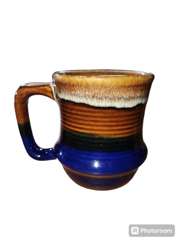2 tazas de té café de colección tazas mango en D cerámica AZUL marrón esmalte por goteo retro MCM - Imagen 9 de 17