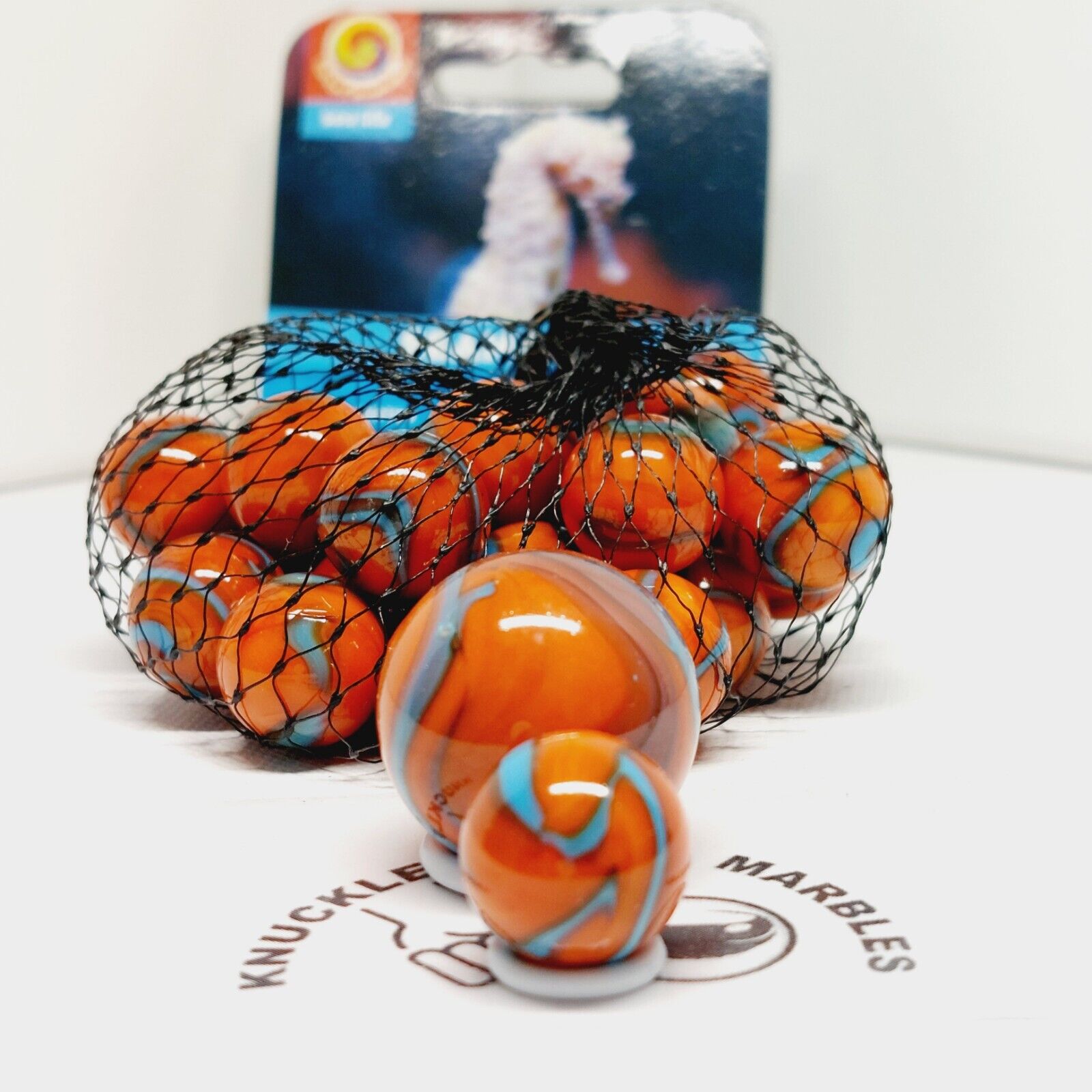 25 Glass Marbles SEAHORSE Orange/Blue Classic vtg Style Game Pack