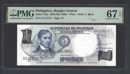Philippines One Piso 1949 ND(1969) P142a Uncirculated Grade 67 Top Pop - Picture 1 of 2