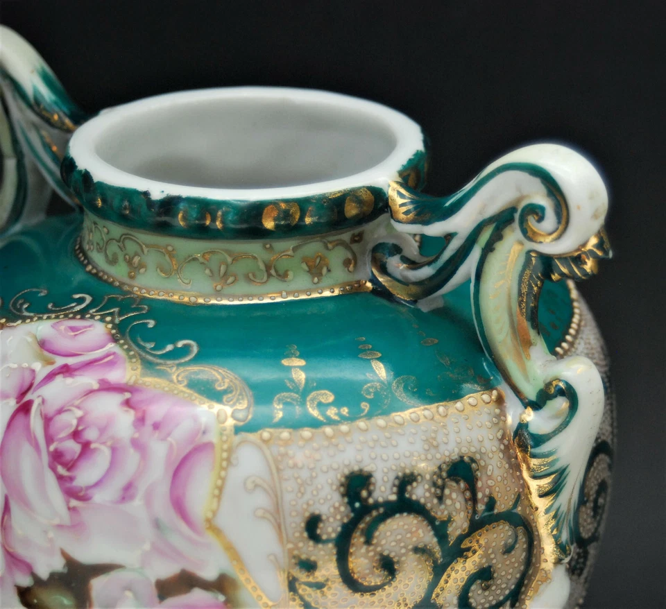 АНТИКВАРНАЯ КЕРАМИЧЕСКАЯ ВАЗА С РУЧНОЙ РОСПИСЬЮ УРНА С ЦВЕТОЧНЫМ РОЗОВЫМ ПОЗОЛОЧЕННЫМ УКРАШЕНИЕМ ИЗ БИСЕРА - Изображение 4 из 4