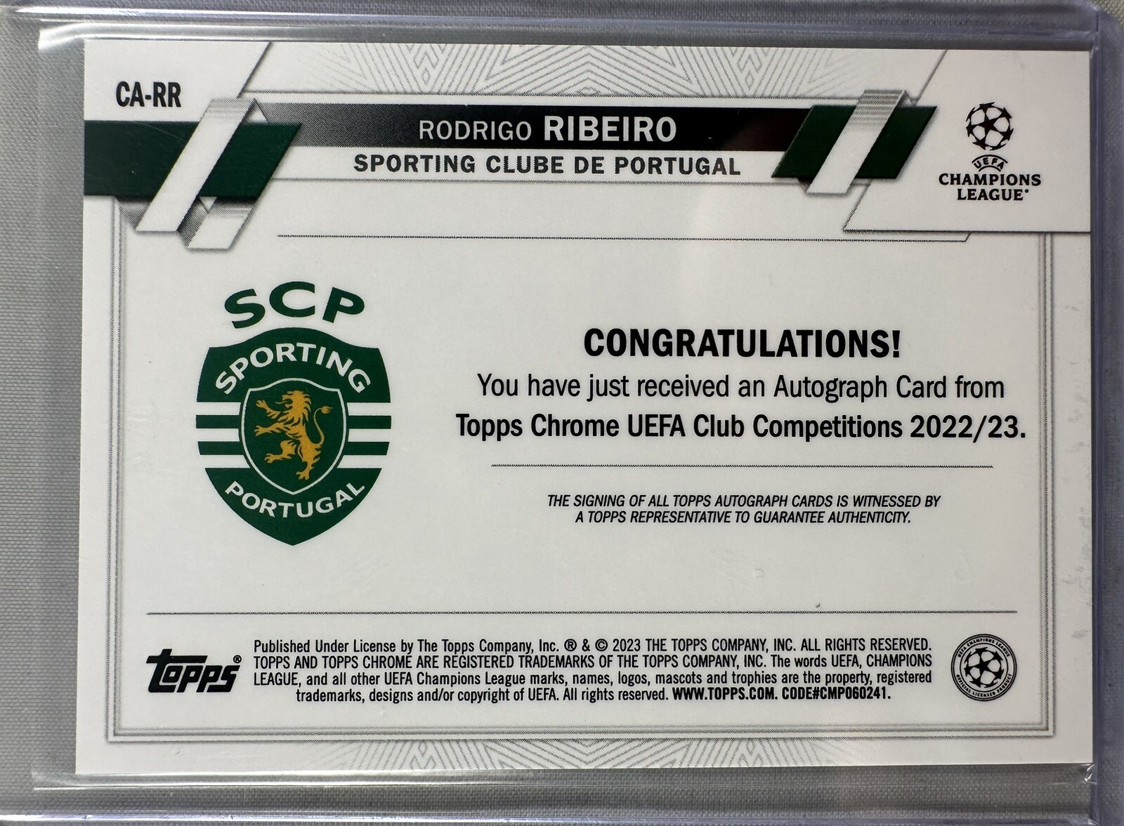 Rodrigo Ribeiro 2022-23 Topps Chrome UEFA UCC Refractor RC Auto Rookie Sporting view 4