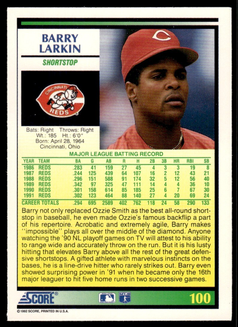 1992 Score Baseball Card Barry Larkin Cincinnati Reds #100