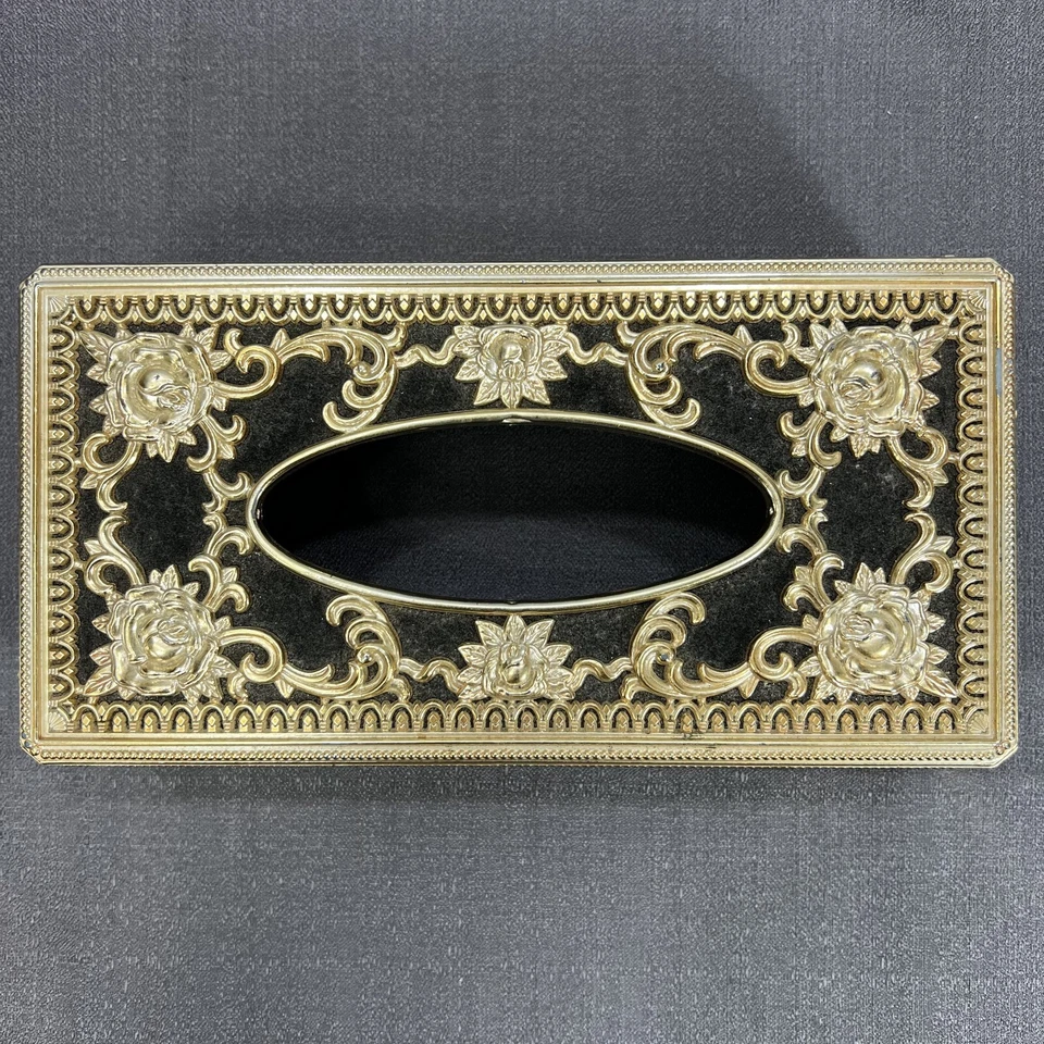 Vtg MCM Hollywood Regency Style Tissue Box Holder Black Felt And Gold Plastic - Image 3 of 4