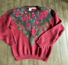 Y2K Vintage Embroidered by Hand Sweater Size M Burgundy Floral