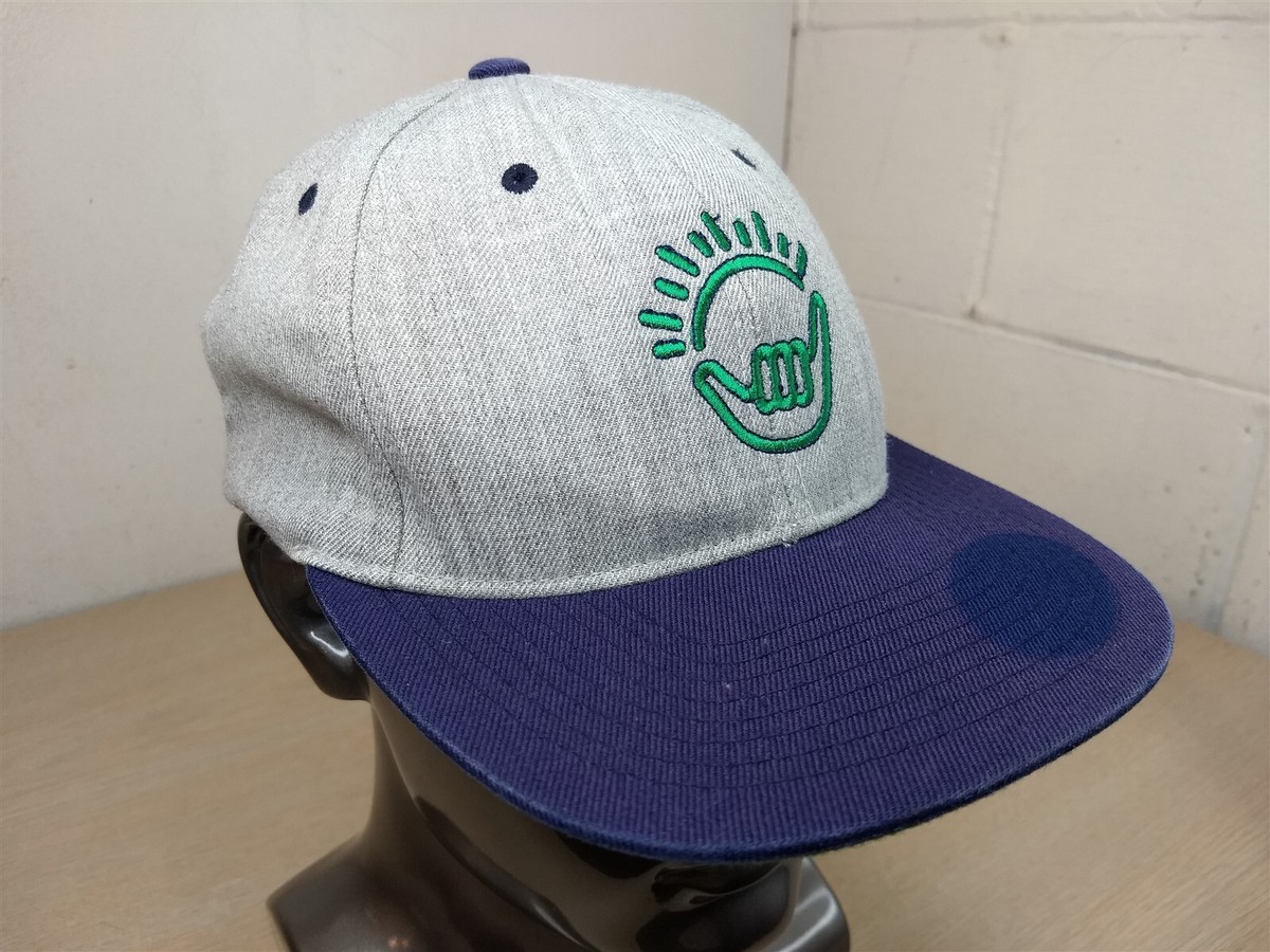 SHAKA LOGO ADJUSTABLE SNAPBACK BASEBALL HAT/CAP, GRAY/BLUE, HANG  LOOSE/RIGHT ON