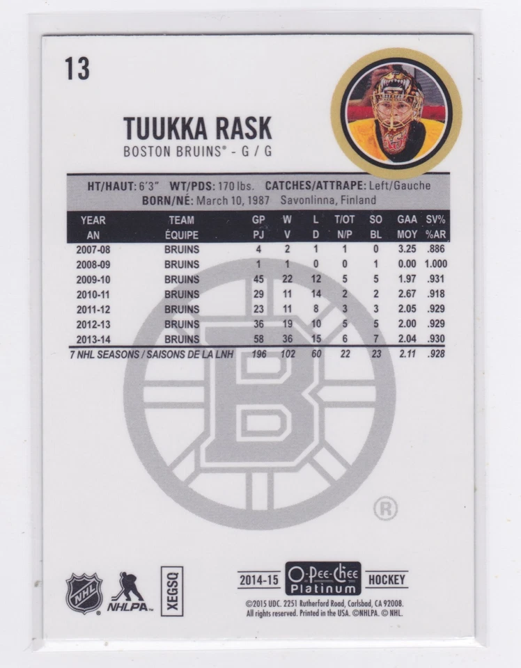 2014-15 O-Pee-Chee Platinum - Tuukka Rask #13 - Image 2 of 2