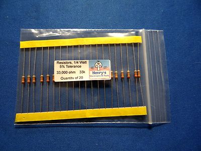 Resistors, carbon film, 1/4 watt, 5%, axial leaded, 33000 Ohm (33k)  - QTY of 20